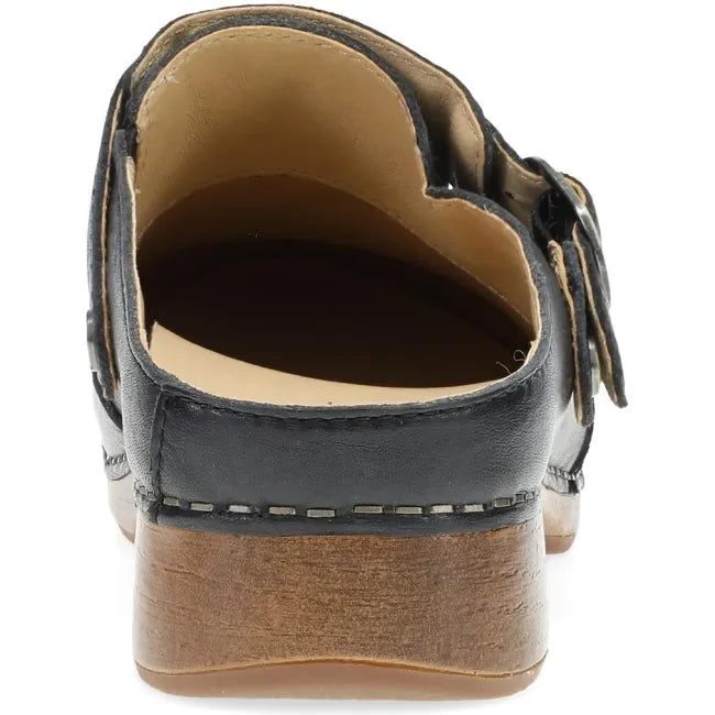 Dansko Millie slingback clog in black waxy milled leather, back view showing buckle slingback strap