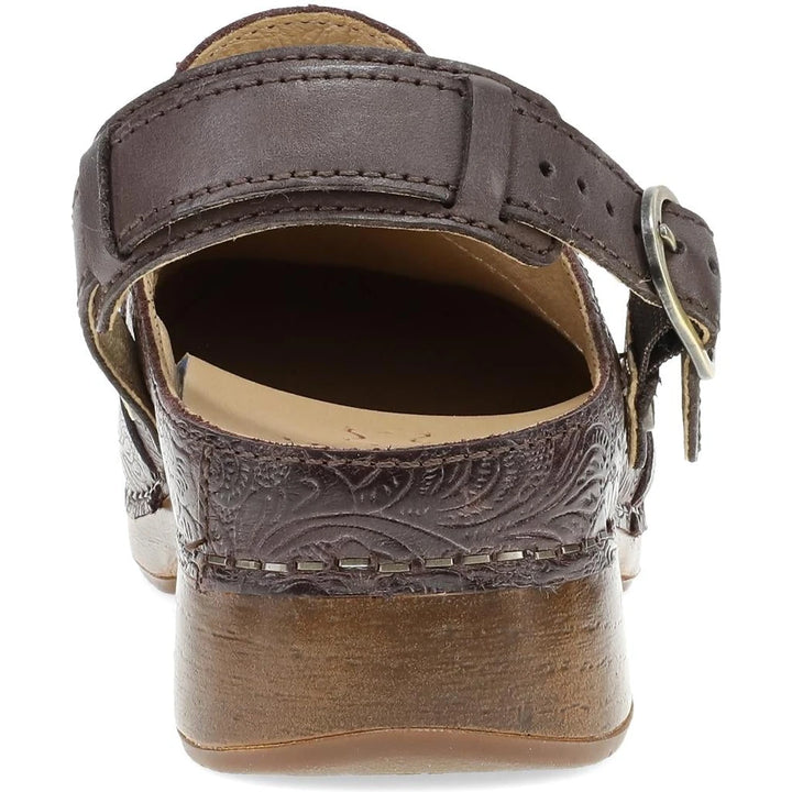 Dansko Millie slingback clog in chocolate tooled leather, back view showing buckle slingback strap