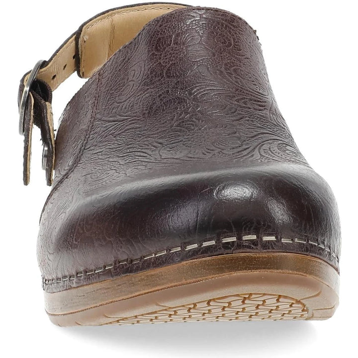 Dansko Millie slingback clog in chocolate tooled leather, front view