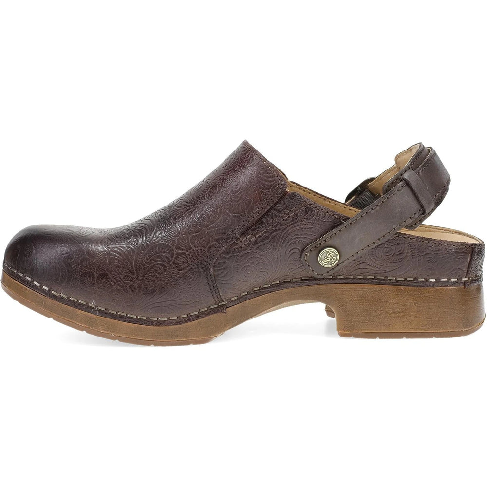 Dansko Millie slingback clog in chocolate tooled leather, side profile