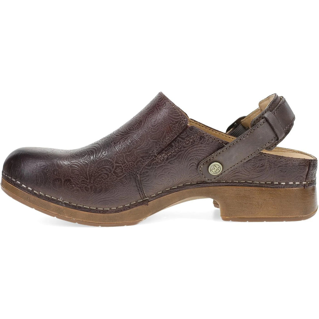 Dansko Millie slingback clog in chocolate tooled leather, side profile