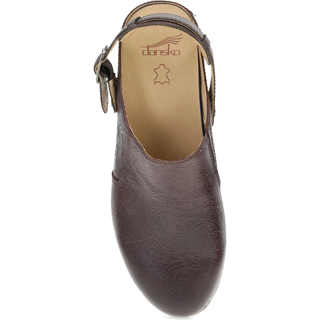 Dansko Millie slingback clog in chocolate tooled leather, top view