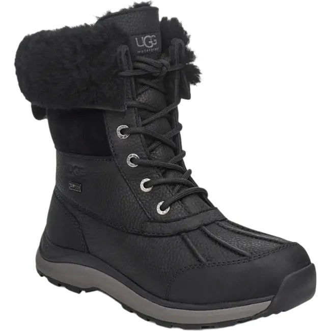 Front angled view of Women's Ugg Adirondack Boot III Waterproof leather in black. Lace closure