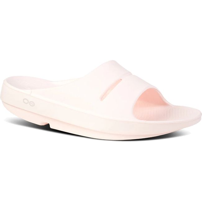 Front angled view of Unisex OOfos OOahh Slide Sandal in Blush Pink