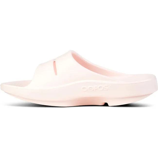 Medial side of Unisex OOfos OOahh Slide Sandal in Blush Pink
