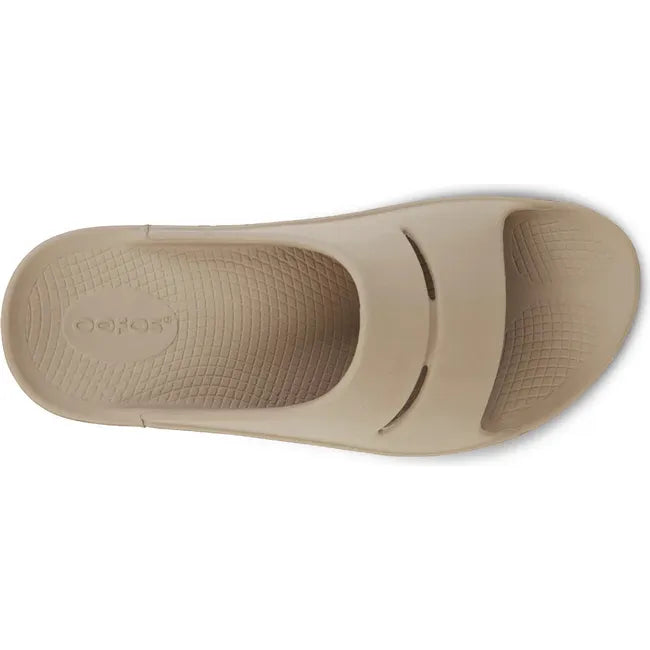 Upper of Unisex OOfos OOahh Slide Sandal in Nomad Beige