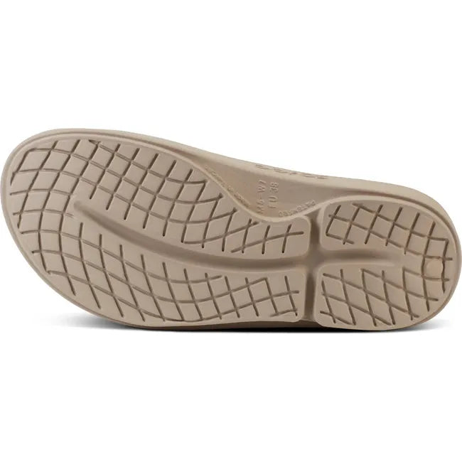 Sole of Unisex OOfos OOahh Slide Sandal in Nomad Beige
