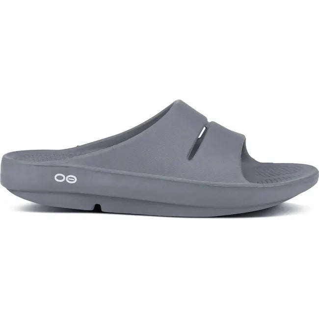Lateral side of Unisex OOfos OOahh Slide Sandal in Slate Gray