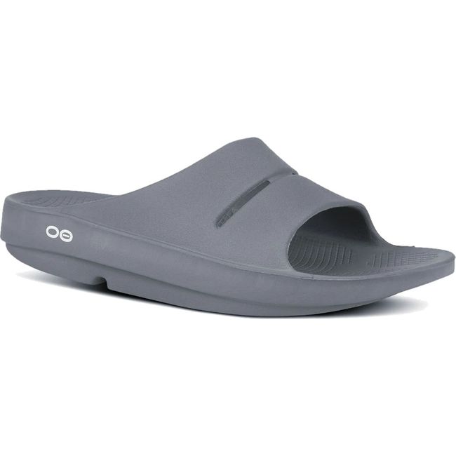 Front angled view of Unisex OOfos OOahh Slide Sandal in Slate Gray