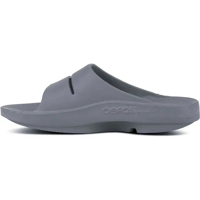 Medial side of Unisex OOfos OOahh Slide Sandal in Slate Gray
