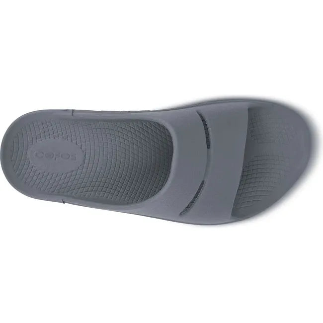 Upper of Unisex OOfos OOahh Slide Sandal in Slate Gray