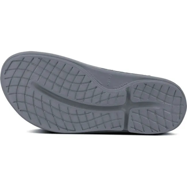 Sole of Unisex OOfos OOahh Slide Sandal in Slate Gray