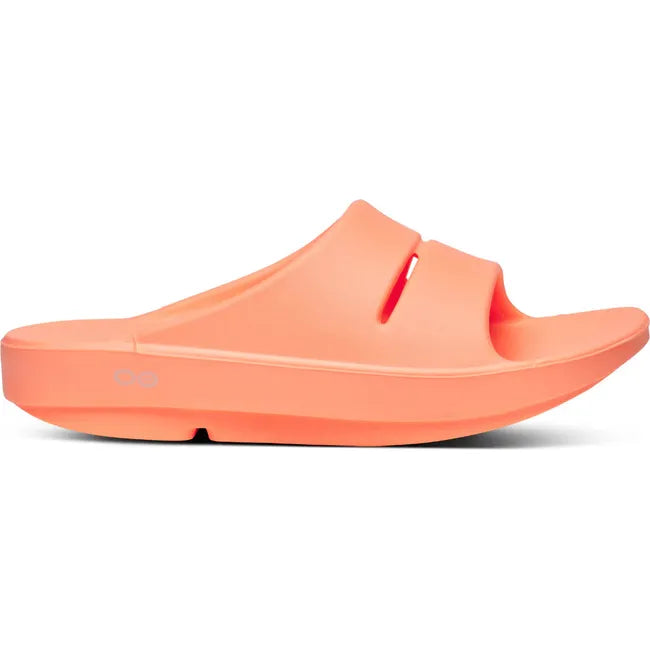 Lateral side of Unisex OOfos OOahh Slide Sandal in Sunburst Orange