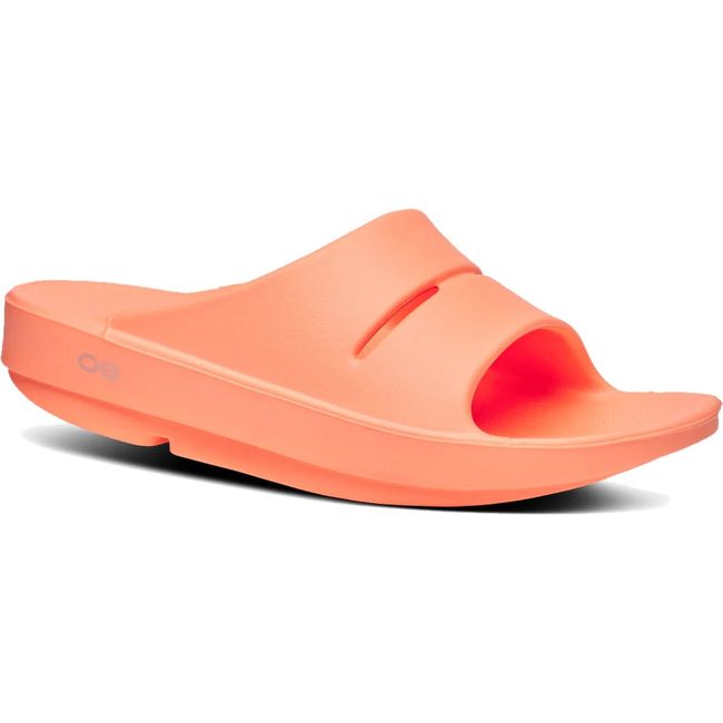 Front angled view of Unisex OOfos OOahh Slide Sandal in Sunburst Orange