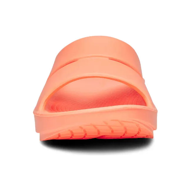 Front of Unisex OOfos OOahh Slide Sandal in Sunburst Orange