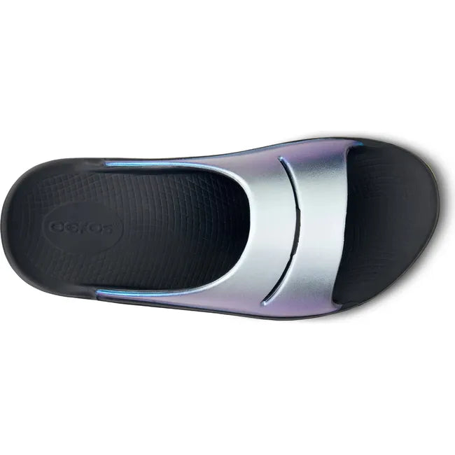 Upper of Women's OOfos OOahh Luxe Slide Sandal in Frost silver and blue