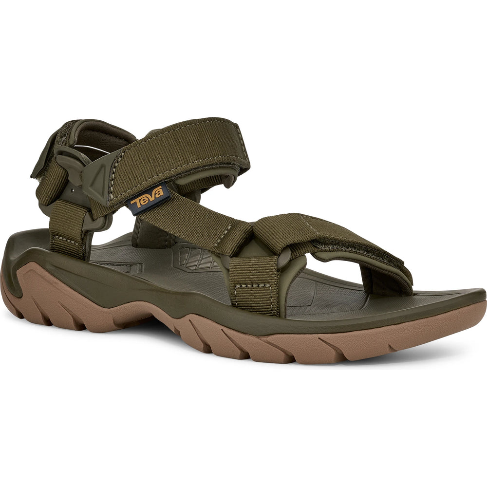 Front angle of Teva Men's Terra Fi 5 Universal Sandal in Dark Olive/Honey Brown