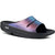 Front angled view of Unisex OOFOS OOahh Luxe Slide Sandal in midnight spectre multi color