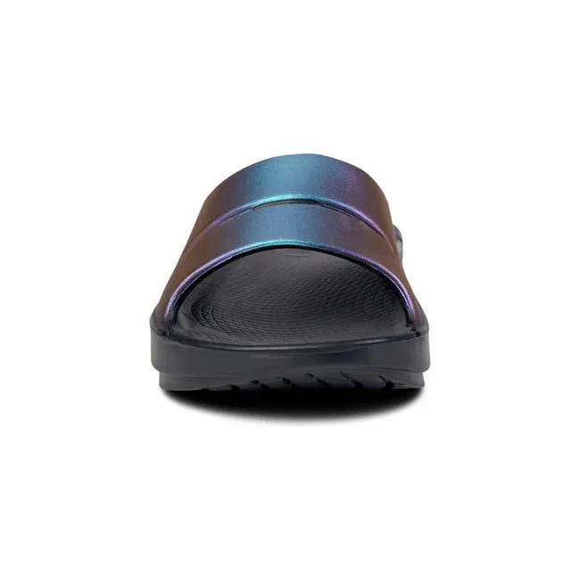 Front of Women's OOFOS OOahh Luxe Slide Sandal in midnight spectre multi color