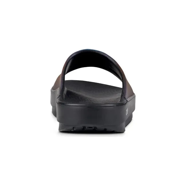 Heel of Women's OOFOS OOahh Luxe Slide Sandal in midnight spectre multi color
