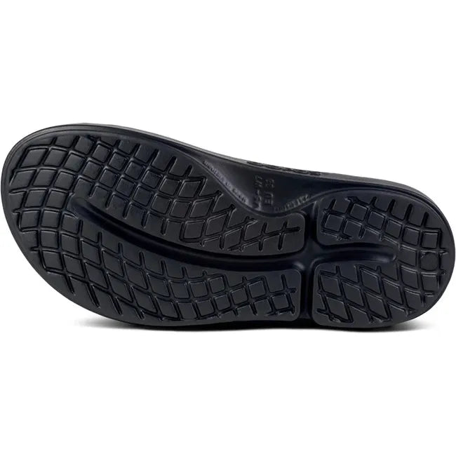 Sole of Women's OOFOS OOahh Luxe Slide Sandal in midnight spectre multi color with black sole