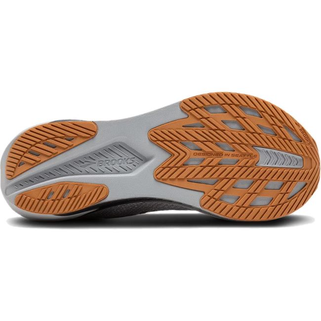 Sole of Brooks Men's Hyperion 2 Running Shoes in alloy gray with tan tread