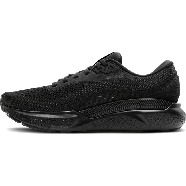 Medial side of men&#39;s Brooks Adrenaline GTS 24 running shoe in all black with the GuideRail system