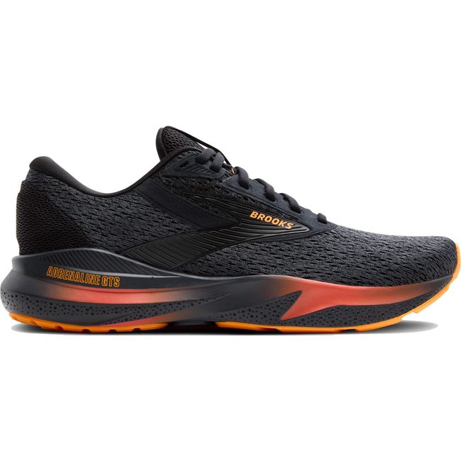 Lateral side of men&#39;s Brooks Adrenaline GTS 24 running shoe in black and orange