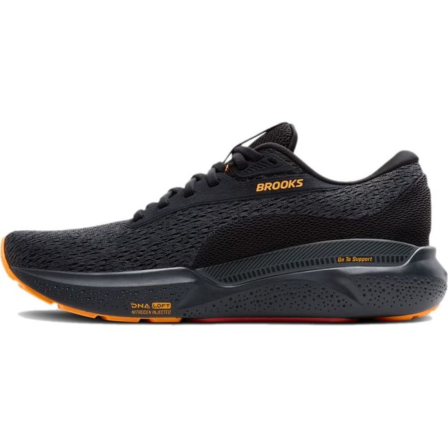 Medial side of men&#39;s Brooks Adrenaline GTS 24 running shoe in black and orange with guiderail