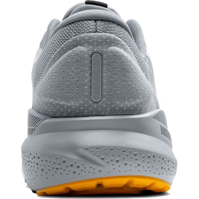 Heel view of Men&#39;s Brooks Adrenaline GTS 24 running shoe, grey with subtle yellow accents