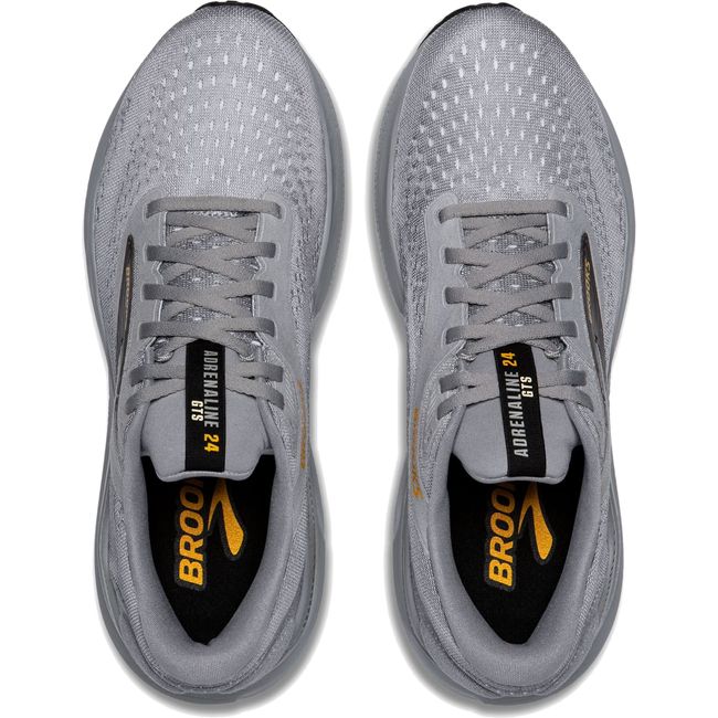 Top-down view of Men&#39;s Brooks Adrenaline GTS 24 running shoe, grey with subtle yellow accents