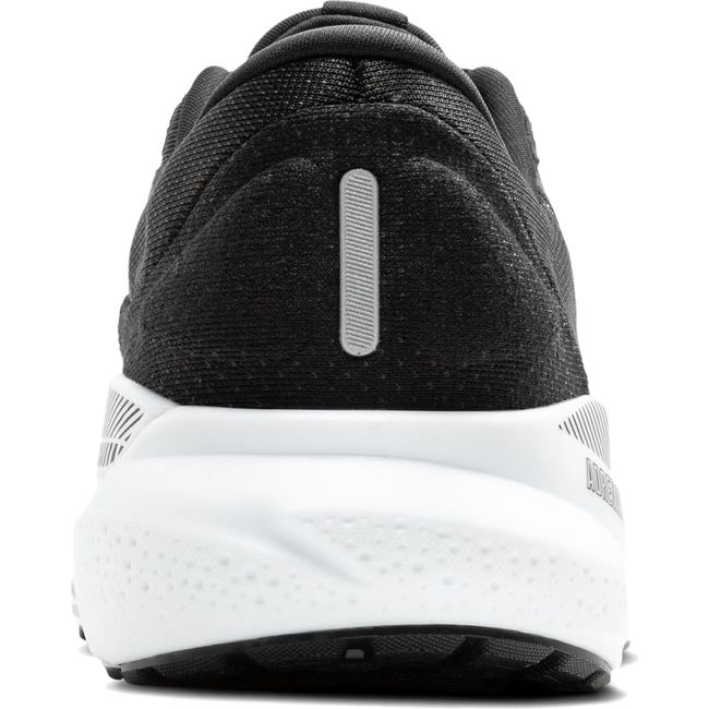Heel view of Men&#39;s Brooks Adrenaline GTS 24 running shoe in black with white sole
