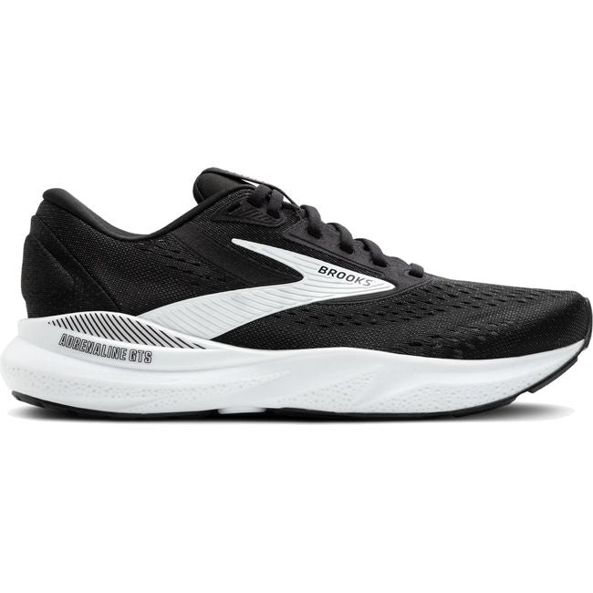 Lateral side of Men&#39;s Brooks Adrenaline GTS 24 running shoe in black with white sole
