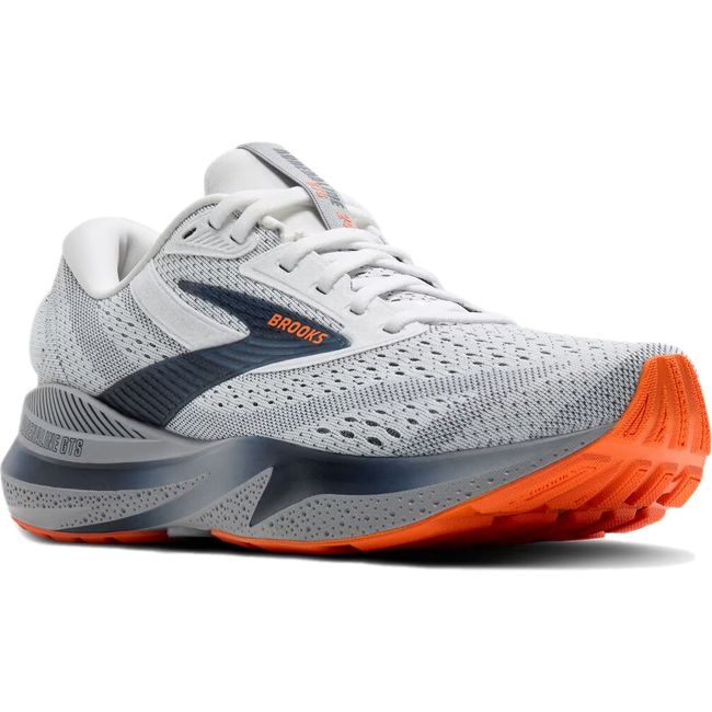 Front angled view of Brooks Men's Adrenaline GTS 24 Running Shoe in alloy gray, navy, and orange