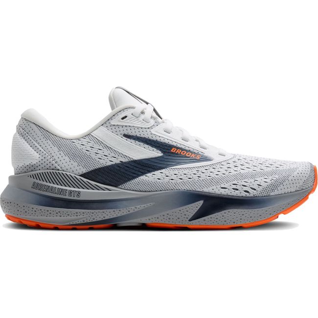 Lateral side of Brooks Men's Adrenaline GTS 24 Running Shoe in alloy gray, navy, and orange