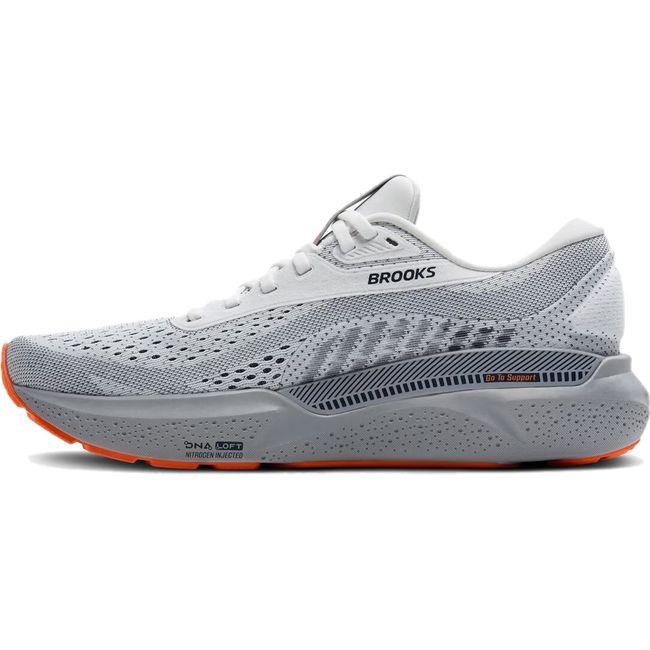 Medial side of Brooks Men&#39;s Adrenaline GTS 24 Running Shoe in alloy gray, navy, and orange