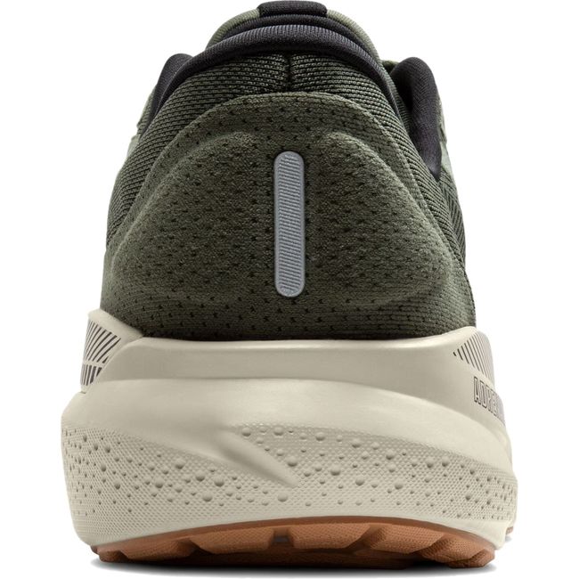 Heel view of Men&#39;s Brooks Adrenaline GTS 24 running shoe in green with a tan sole