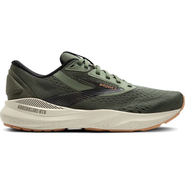 Lateral side of Men&#39;s Brooks Adrenaline GTS 24 running shoe in green showing the Guiderail support