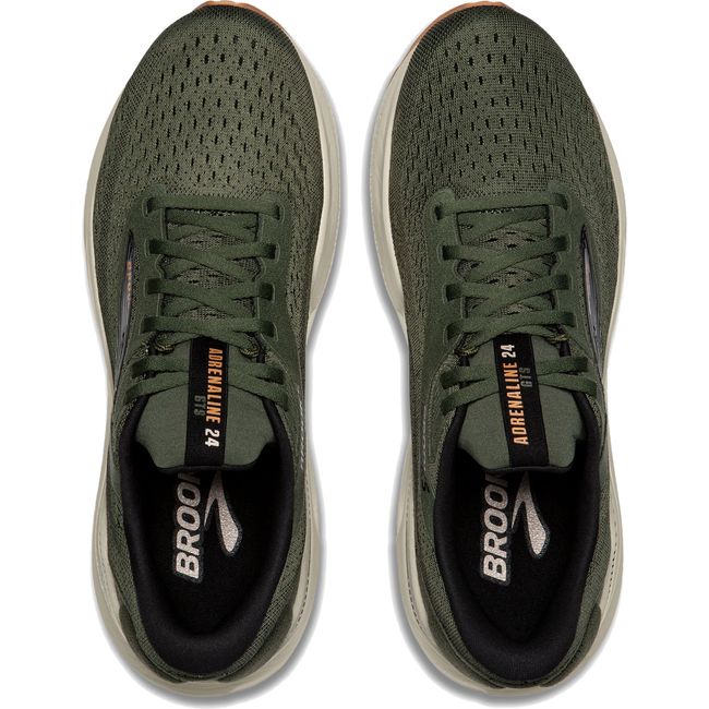 Top-down view of Men&#39;s Brooks Adrenaline GTS 24 running shoe in green with a tan sole
