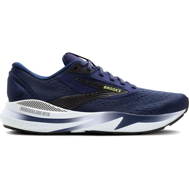 Lateral side of Men&#39;s Brooks Adrenaline GTS 24 running shoe in navy with white sole