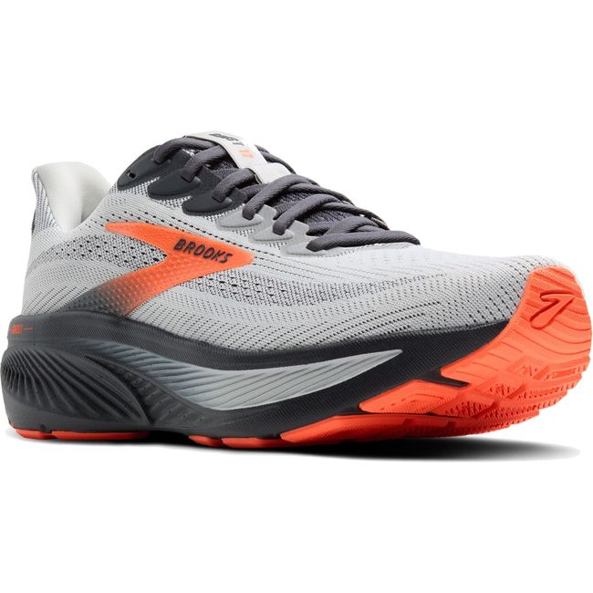 Front angled view of Men's Brooks Ghost 17 Running Shoe in Oyster Mushroom Orange Ebony