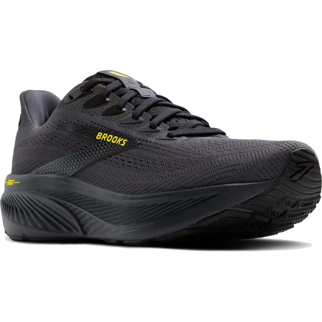 Front angled view of Men's Brooks Ghost 17 Running Shoe in Ebony Black and Yellow