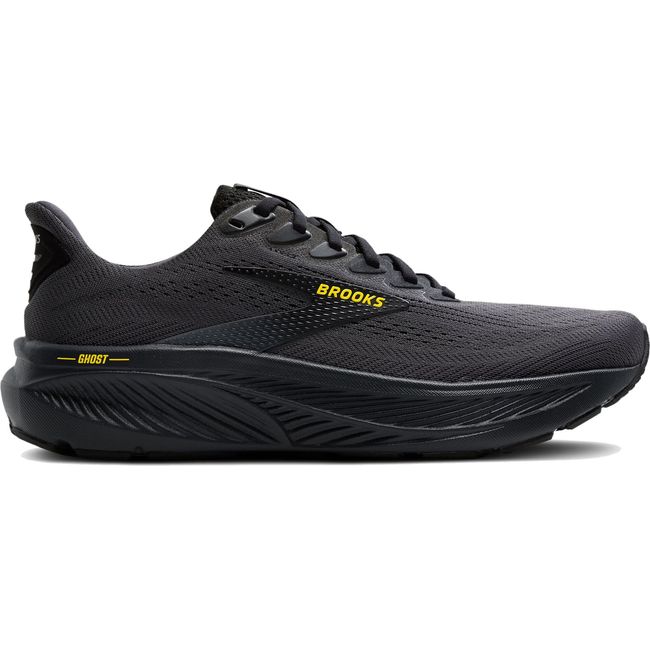 Lateral side of Men's Brooks Ghost 17 Running Shoe in Ebony Black and Yellow
