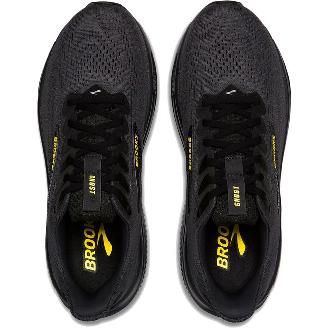 Lace up upper of Men's Brooks Ghost 17 Running Shoe in Ebony Black and Yellow