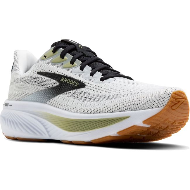 Front angled view of Men's Brooks Ghost 17 Running Shoe in White Black Tea