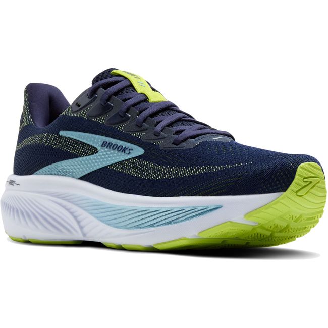 Angled view of Brooks Men’s Ghost 17 running shoe in navy and neon green with cushioned midsole.