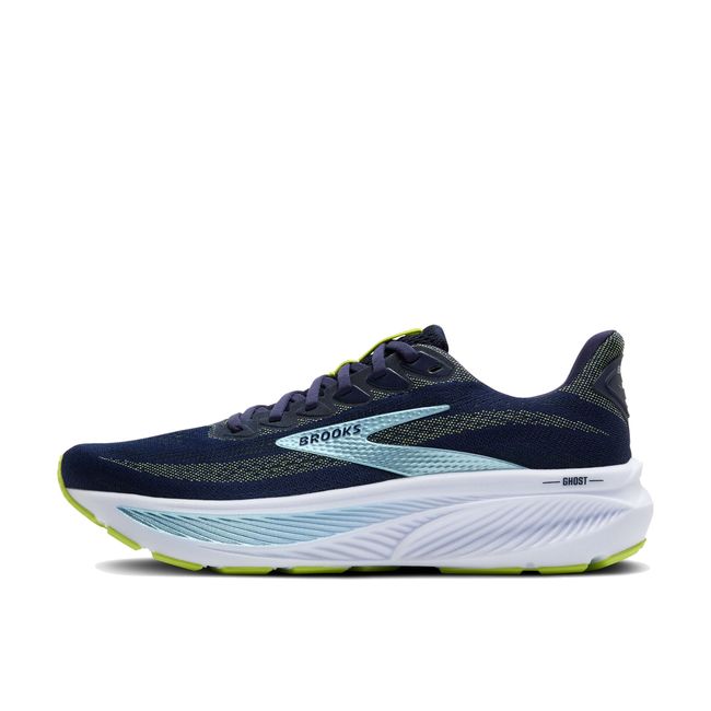 Medial side of Brooks Men’s Ghost 17 running shoe in navy and neon green with cushioned midsole.