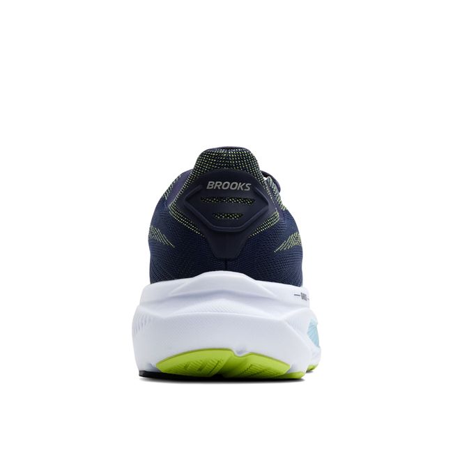 Heel of Brooks Men’s Ghost 17 neutral running shoe in navy and neon green with cushioned midsole.