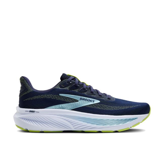 Side of Brooks Men’s Ghost 17 neutral running shoe in navy and neon green with cushioned midsole.
