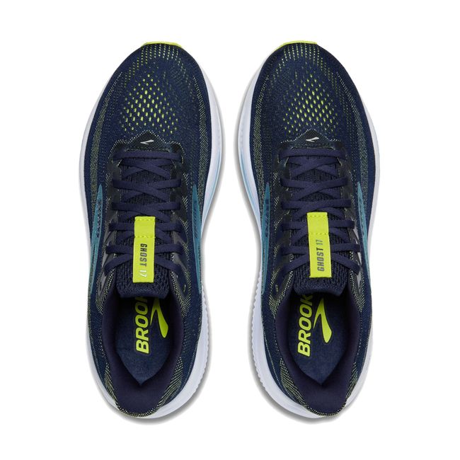 Upper of Brooks Men’s Ghost 17 neutral running shoe in navy and neon green with lace up closure